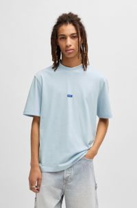 Regular-fit cotton-jersey T-shirt with blue logo patch, Light Blue