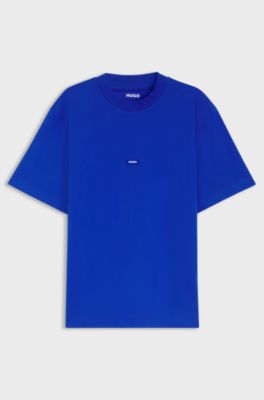 Ribbed-neck cotton T-shirt with logo badge, Blue