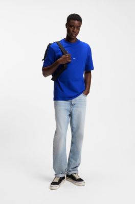 Ribbed-neck cotton T-shirt with logo badge, Blue