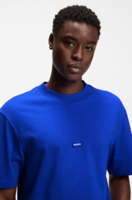 Ribbed-neck cotton T-shirt with logo badge, Blue