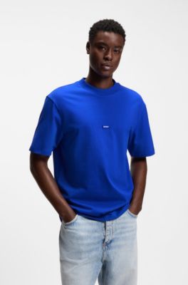 Ribbed-neck cotton T-shirt with logo badge, Blue