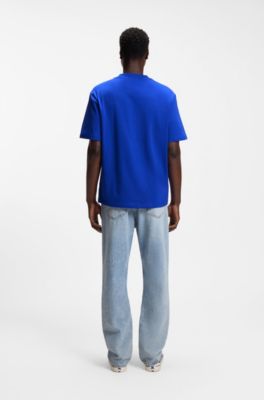 Ribbed-neck cotton T-shirt with logo badge, Blue