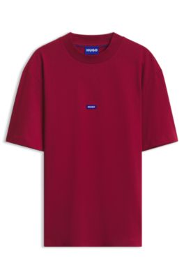 Ribbed-neck cotton T-shirt with logo badge, Red