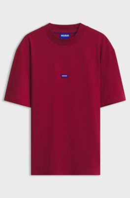 Ribbed-neck cotton T-shirt with logo badge, Red