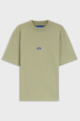 T-shirt in cotone con collo a coste e targhetta con logo, Beige