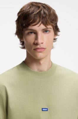 T-shirt in cotone con collo a coste e targhetta con logo, Beige