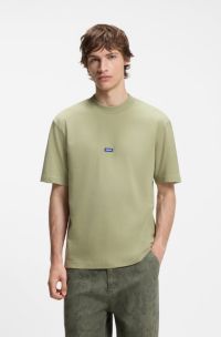 Ribbed-neck cotton T-shirt with logo badge, Beige