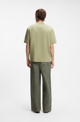Ribbed-neck cotton T-shirt with logo badge, Beige