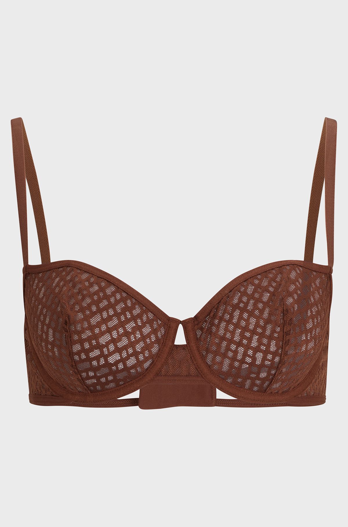 Monogram-lace bra with logo trim, Brown