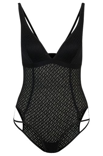 Bodysuit with monogram pattern and cut-out details, Black