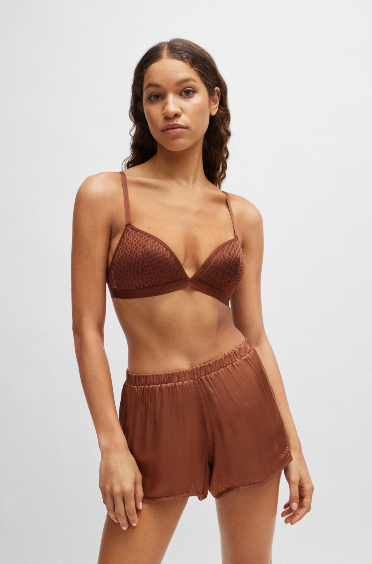 Padded triangle bra with monogram pattern and adjustable straps, Brown