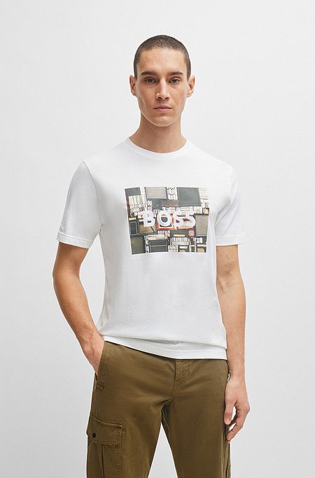 Cotton-jersey regular-fit T-shirt with seasonal artwork, White