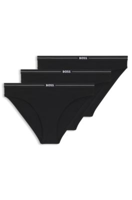 Lot de trois slips en coton stretch avec taille logot&eacute;e, Noir