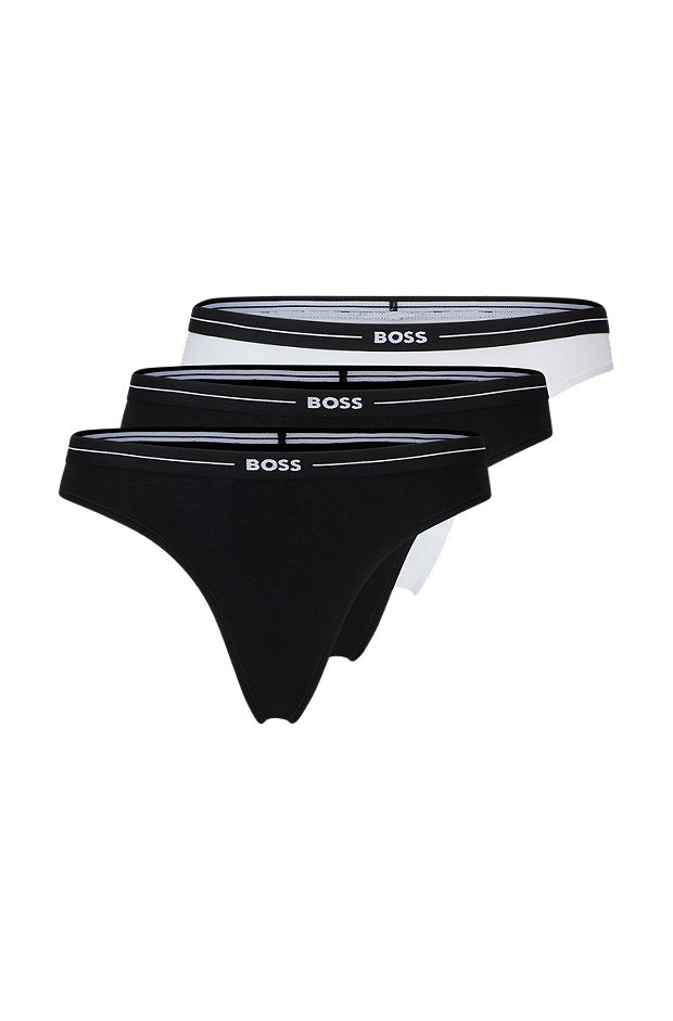 Three-pack of stretch-cotton thongs with logo waistbands, Black