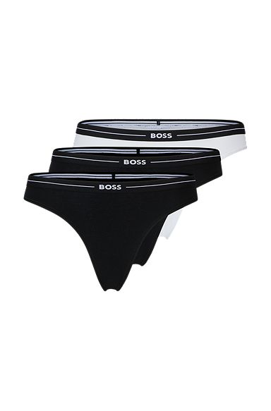 Three-pack of stretch-cotton thongs with logo waistbands, White / Black