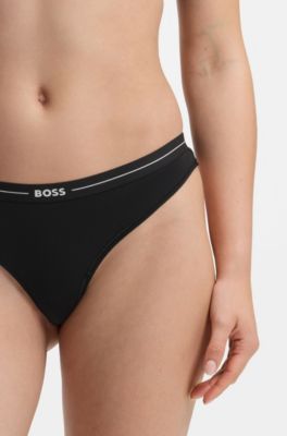 Three-pack of stretch-cotton thongs with logo waistbands, Black