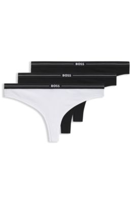 Three-pack of stretch-cotton thongs with logo waistbands, White / Black