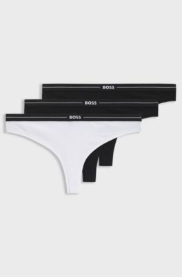 Three-pack of stretch-cotton thongs with logo waistbands, White / Black