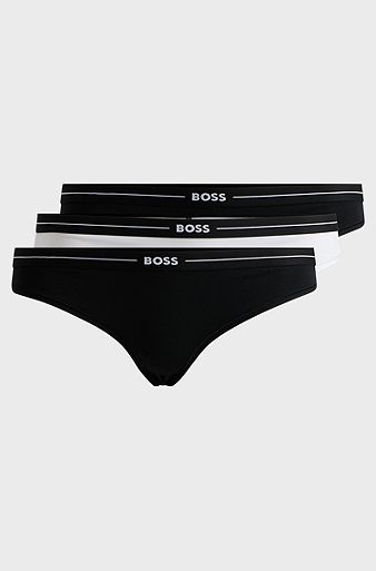 Three-pack of stretch-cotton thongs with logo waistbands, White / Black