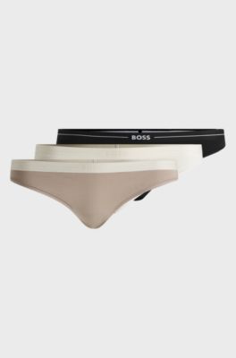 Three-pack of stretch-cotton thongs with logo waistbands, White / Black
