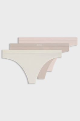 Three-pack of stretch-cotton thongs with logo waistbands, Light Beige