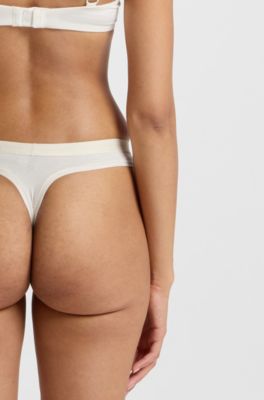 Three-pack of stretch-cotton thongs with logo waistbands, Light Beige