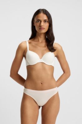 Three-pack of stretch-cotton thongs with logo waistbands, Light Beige