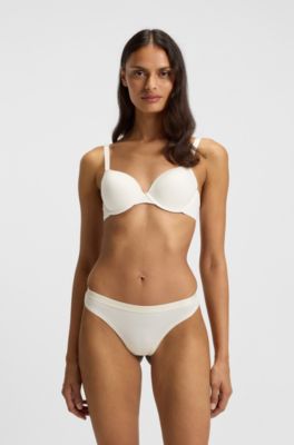 Three-pack of stretch-cotton thongs with logo waistbands, Light Beige