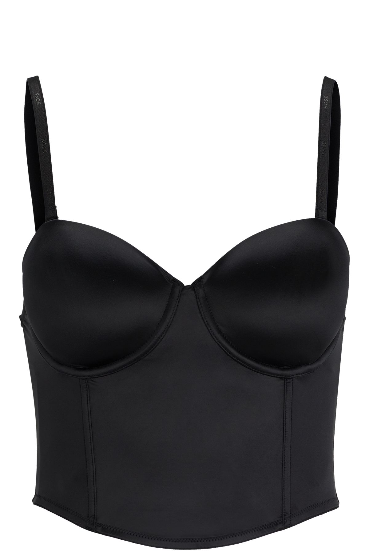 Satin bustier with detachable branded straps and logo rivet, Black