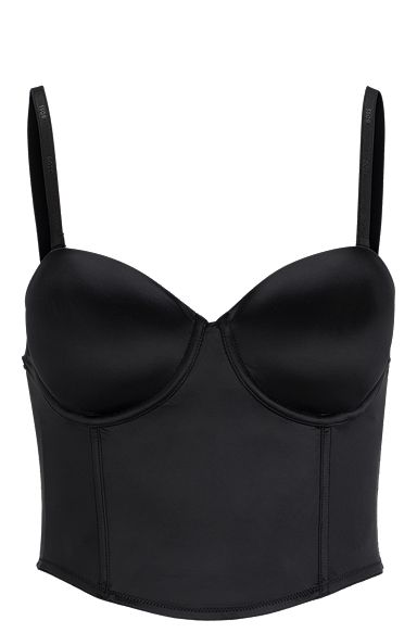 Satin bustier with detachable branded straps and logo rivet, Black