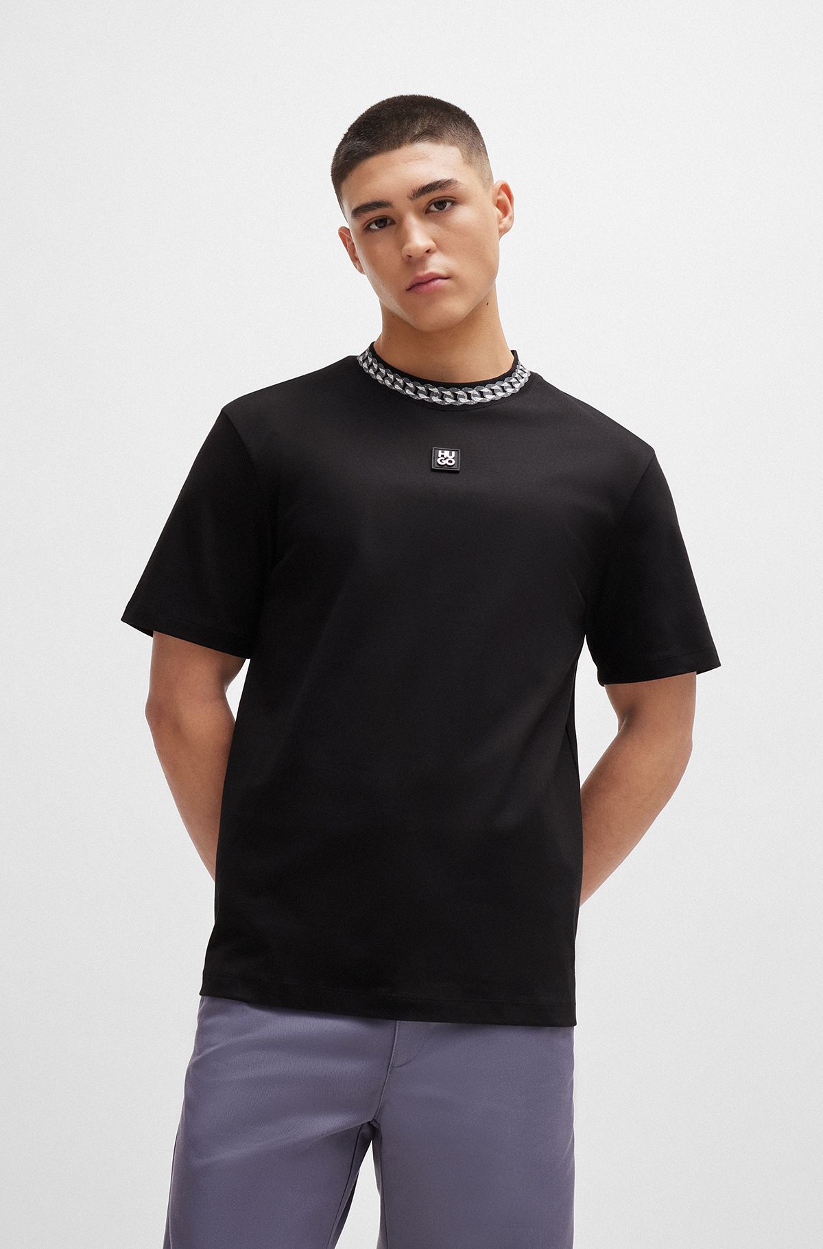 T-shirt en coton interlock avec col à imprimé chaîne, Noir