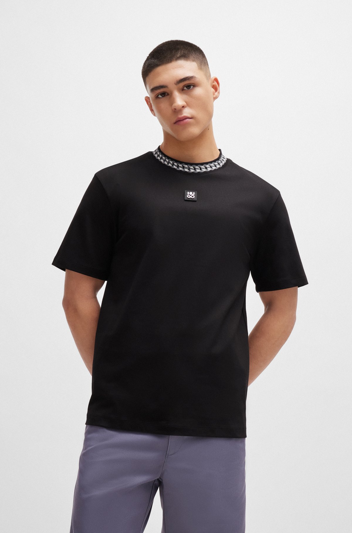 HUGO - Interlock-cotton T-shirt with chain-print collar