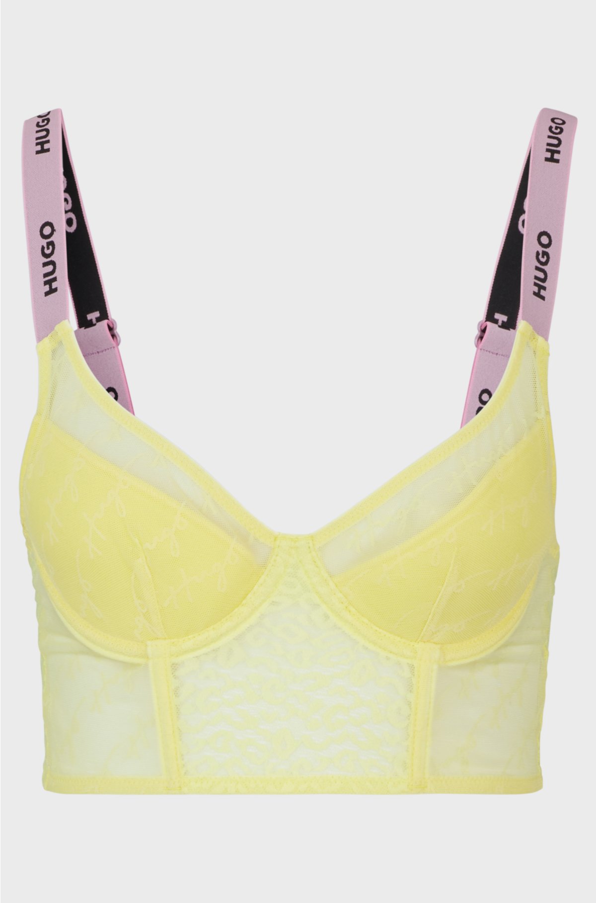 Lace bra with branded straps and hook and eye closure, Light Yellow