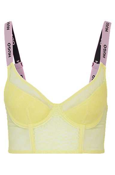 Lace bra with branded straps and hook and eye closure, Light Yellow