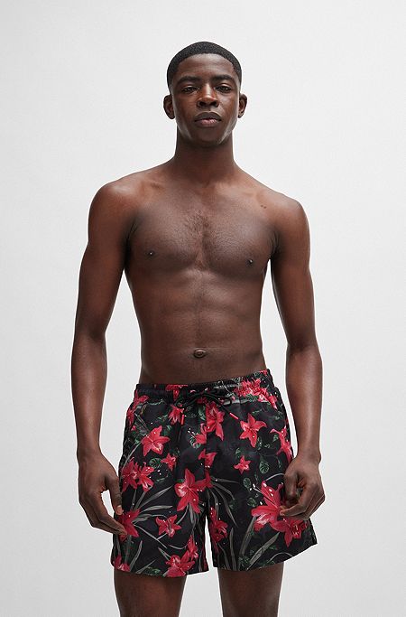 Fully lined swim shorts with seasonal print, Black