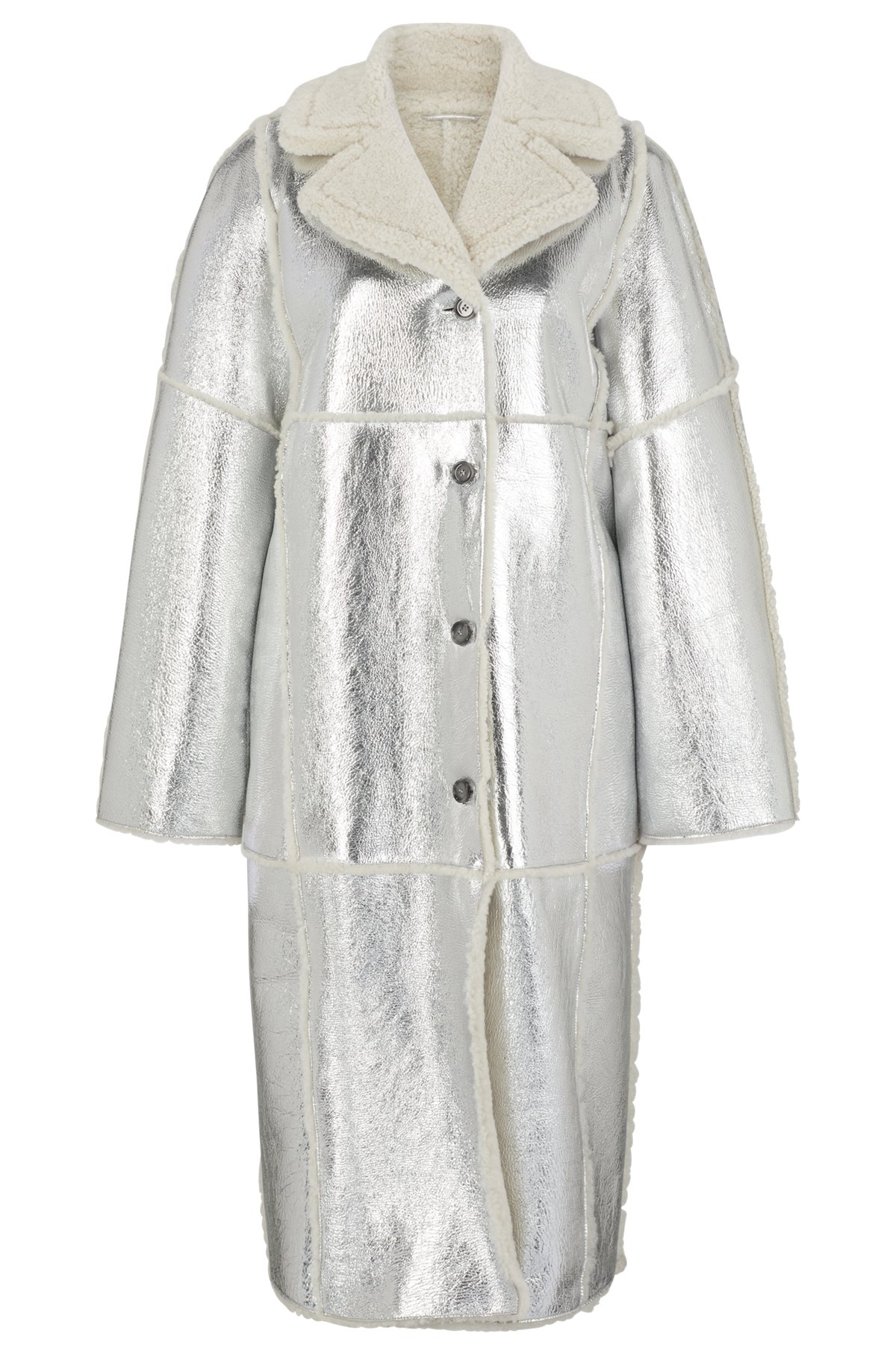 Longline coat in metallic-effect coated lambskin, Silver