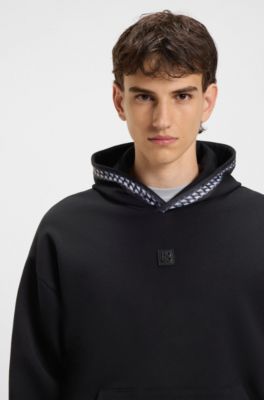Relaxed-fit stretch-cotton hoodie with chain-detail tape, Black