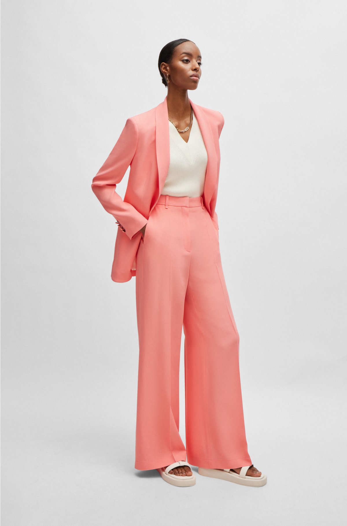 High-waisted relaxed-fit trousers with wide leg, Coral