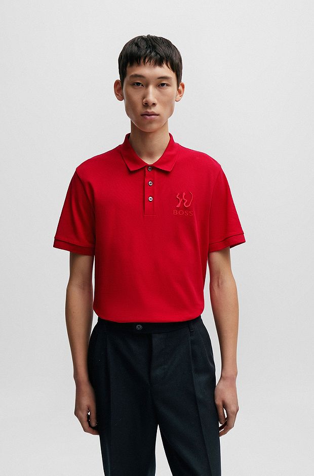 Mercerised-cotton polo shirt with special artwork, Red