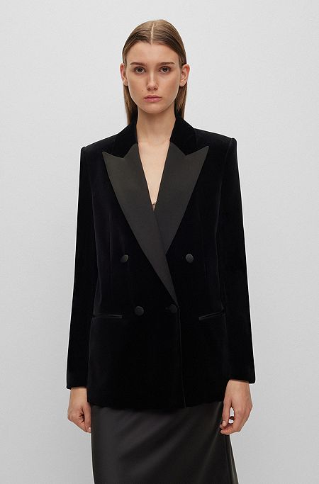 Double-breasted jacket in cotton velvet, Black