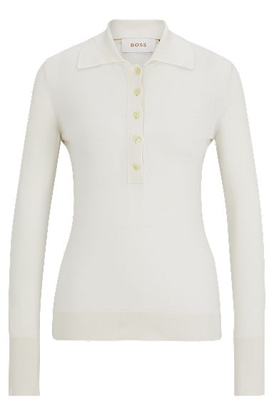 Silk sweater with polo collar in slim fit, White