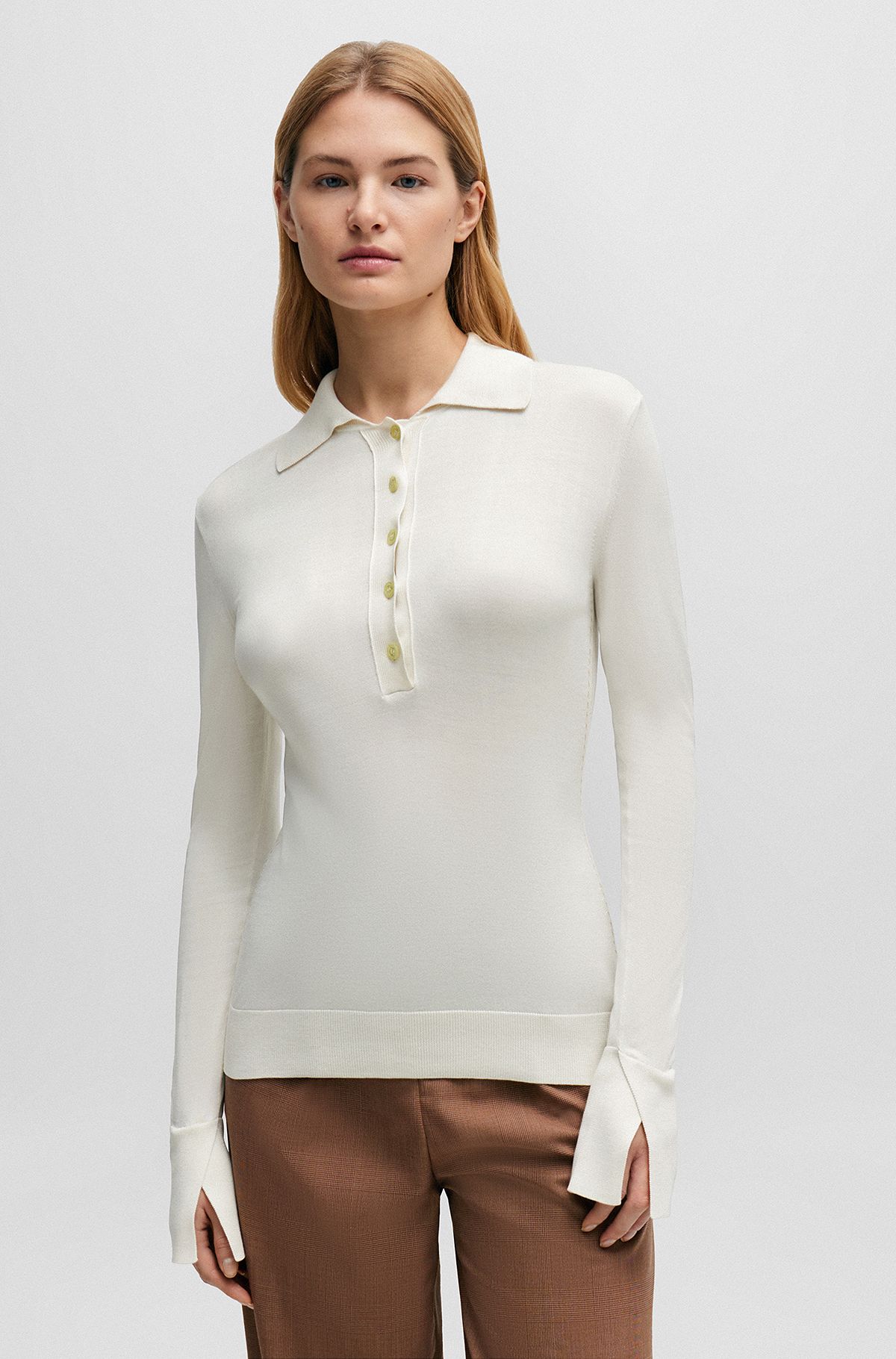 Slim-fit trui van zijde met polokraag, Wit