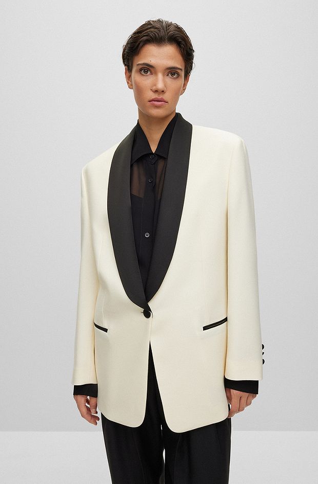 Veste Oversized Fit en twill de laine avec revers châle, Blanc