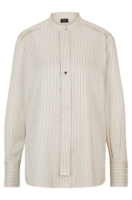 Relaxed-fit blouse in striped silk and cotton, Light Beige