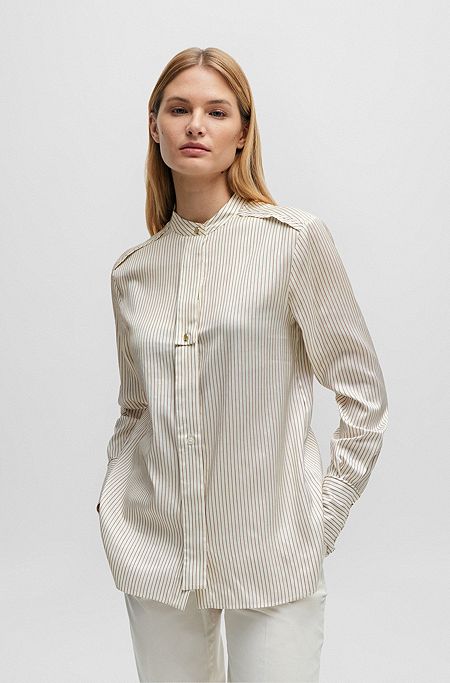 Relaxed-fit blouse van gestreepte zijde en katoen, Lichtbeige