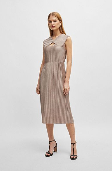 Sleeveless dress in high-shine plissé fabric, Light Beige
