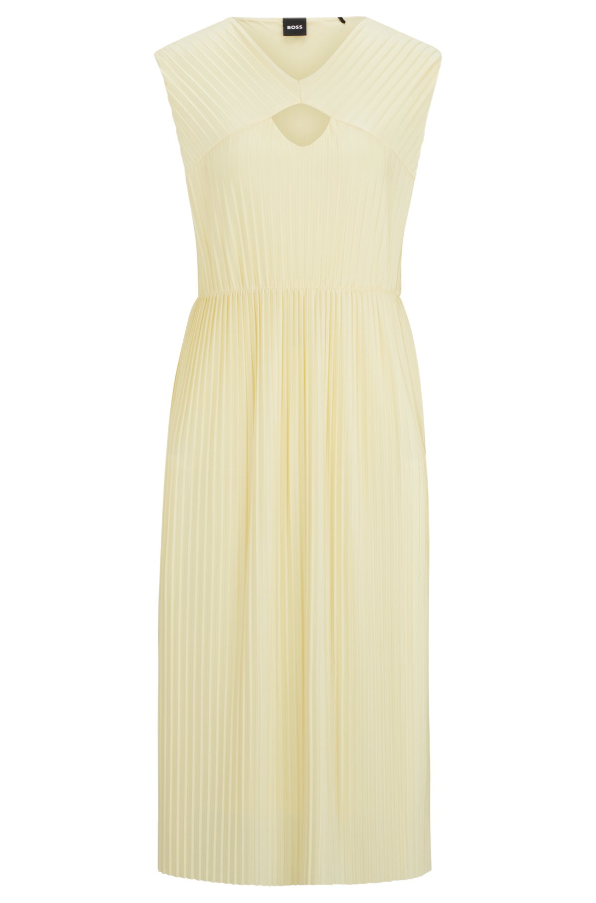 Sleeveless dress in high-shine plissé fabric, Light Yellow