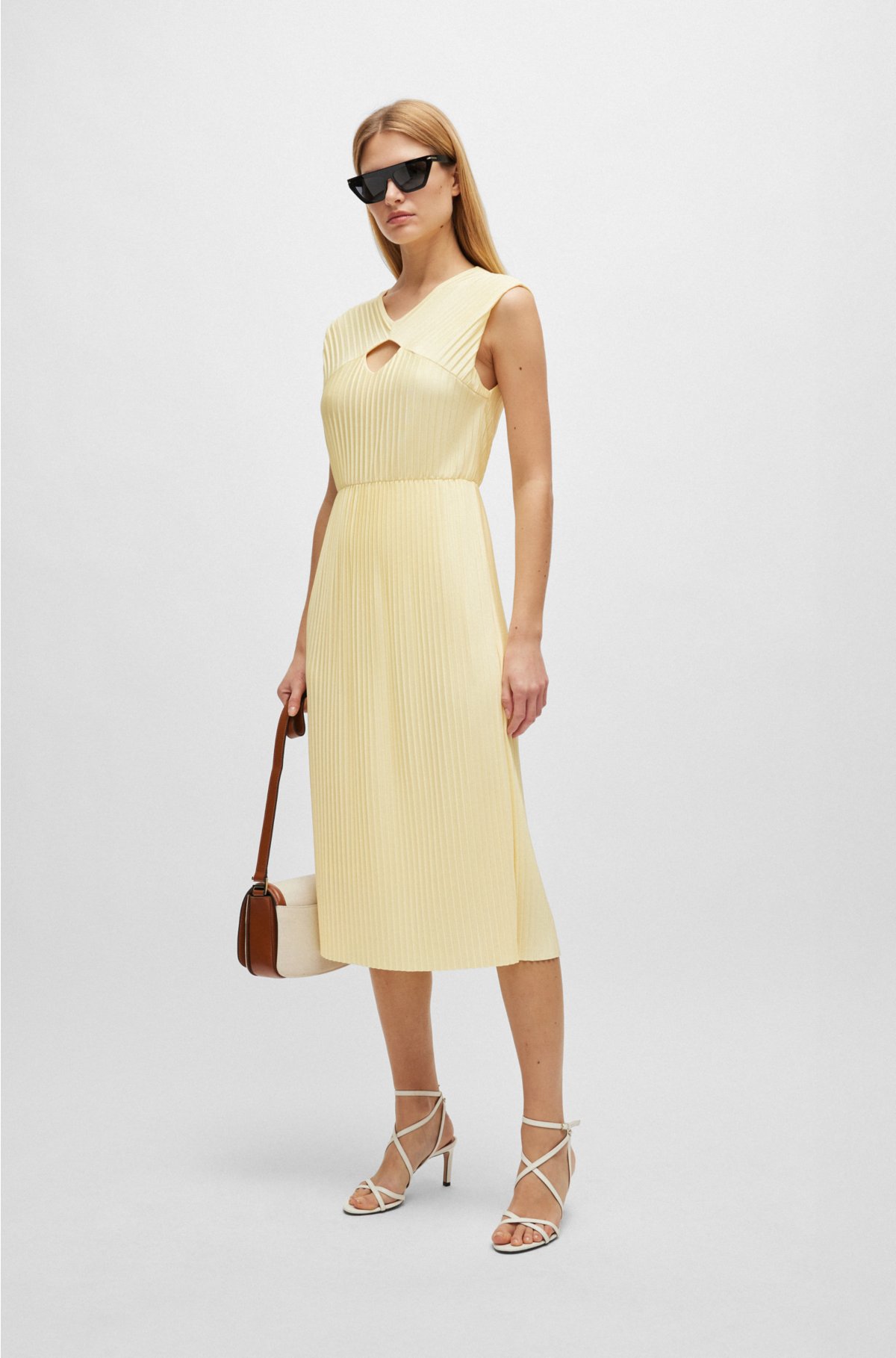 Sleeveless dress in high-shine plissé fabric, Light Yellow