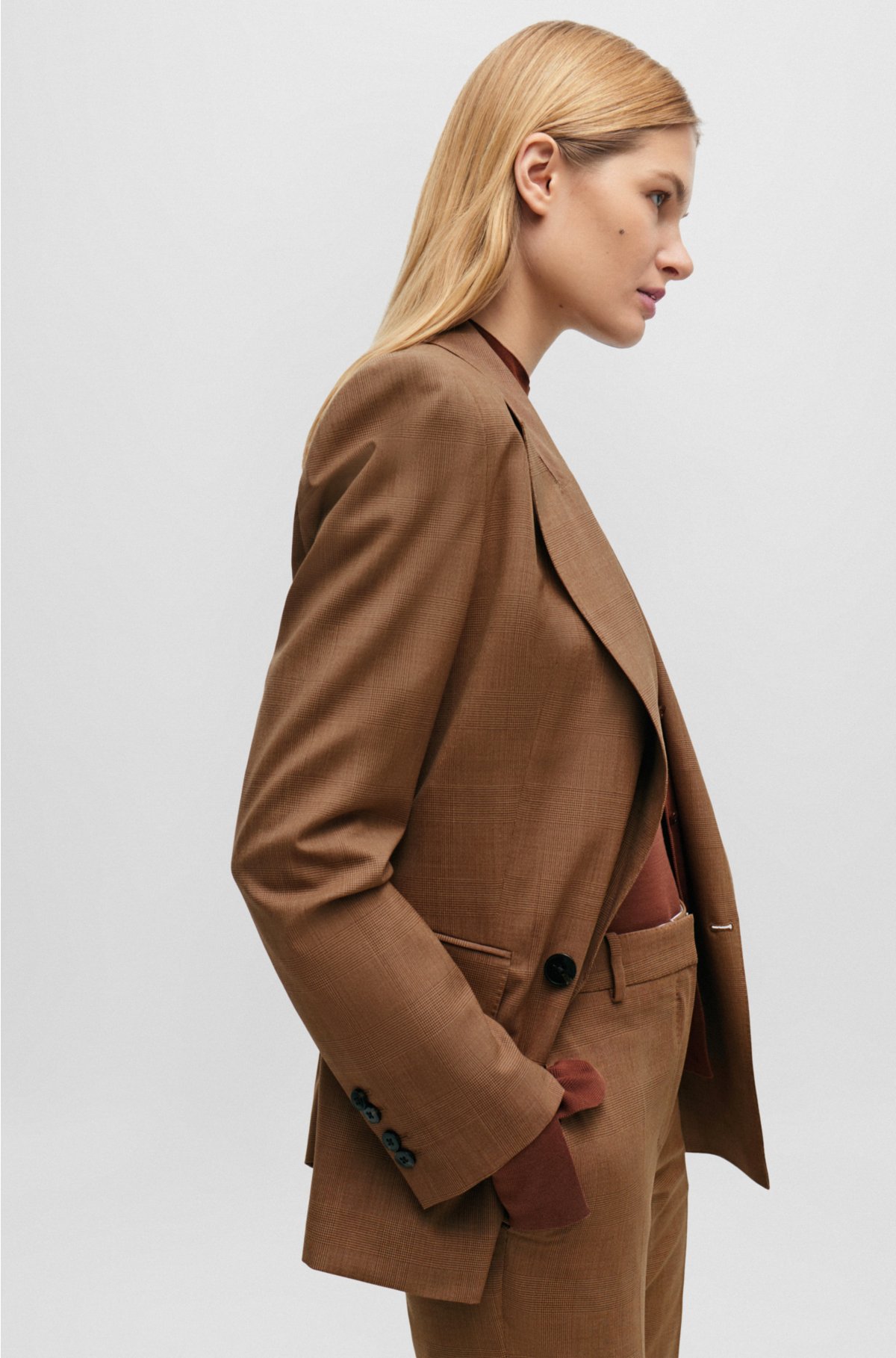 Relaxed-fit jacket in checked virgin wool and silk, Brown