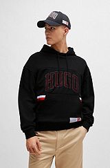Cotton-terry relaxed-fit hoodie with sporty logo, Black